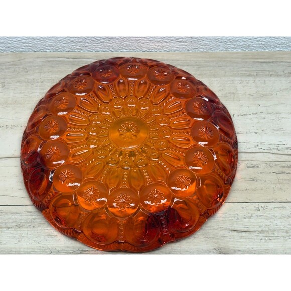 Vtg L.E. Smith Moon And Stars Amberina Red/ Orange Glass Ashtray 8.5" - Picture 5 of 10